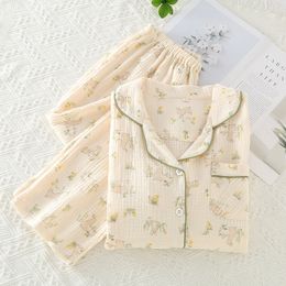 Hanxiuju Sweet Beige 100% katoenen pyjama -sets voor dames lente herfst bloemenprint lange mouw losse casual comfortabele slaapkleding 210928