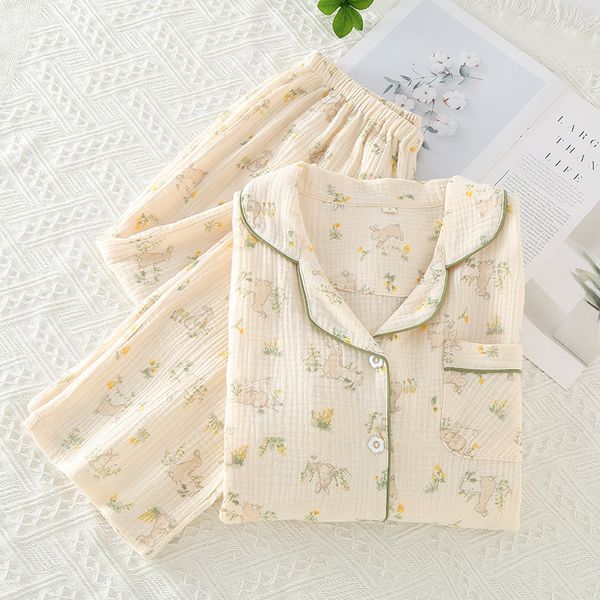 Hanxiuju Sweet Beige 100% Coton Pajama ensembles pour femmes Printemps Floral Print Floral Long Sleeping Sleepwear Contrus