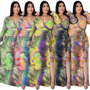 Haohu Plus Taille Dames Sexy Col V Lg Manches Taille Hanche Dr Fi Imprimé Split Lg Jupe Dres 78Kf #