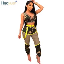 HAOYUAN Camo Conjunto de dos piezas Trajes de verano para mujeres Festival Crop Top y Joggers Pant Sexy 2 piezas Club Outfits Conjuntos a juego