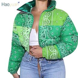 Haoyuan Casual Print Puffer Bandana Jas Winterjas Voor Vrouwen Warm Mode Kleding Streetwear Crop Parka Bubble 210923