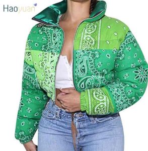 Haoyuan Casual Imprimer Puffer Bandana Jacket Hiver Coat pour femmes Vêtements de mode chauds Streetwear Crop Parka Puffer Bubble Bubble Coat 217314093