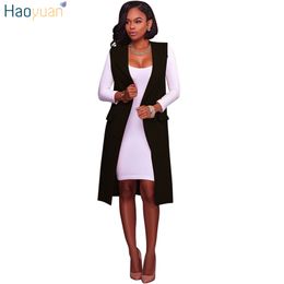 HAOYUAN Moda para mujer sin mangas largo chaleco con bolsillos 2017 otoño invierno chaqueta abrigo colete feminino mujeres cardigan chalecos q1110