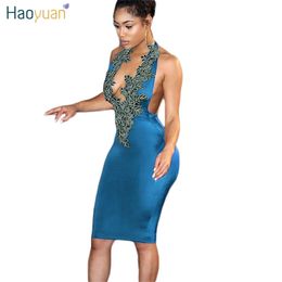 Haoyuan Halter Deep-V sexy feestjurken 2017 Zwart borduurwerk Bacidaess Off schouderjurk Mouwloze vrouwen zomer bodycon jurk Q1110