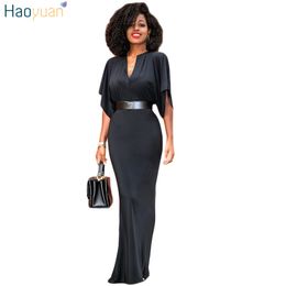 HAOYUAN Maxi Robes Longues Femmes Automne 2017 Mode Col En V RobesRobe Sexy Mince Bureau Travail Robe Élégant Noir Casual Robe q1110