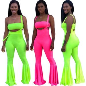 HAOYUAN, conjunto de dos piezas de rosa verde neón, ropa de verano para mujer, Top corto y pantalón acampanado, conjuntos a juego de 2 piezas, trajes de Club Sexy