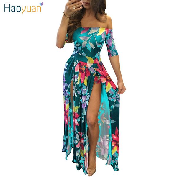 HAOYUAN Épaule Longue Robe Maxi Femmes Été Grande Taille Vêtements Dos Nu Moulante Imprimé Floral Haute Split Sexy Robes De Plage q1110