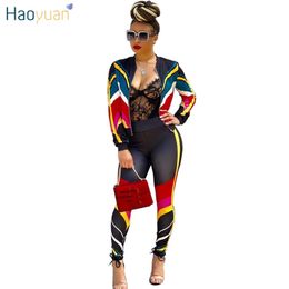 Haoyuan Plus Size 2 Twee Stuk Set Vrouwen Kleding Gestreepte Zip Tops + Bodycon Broek Sweat Pak Casual Outfits Matching Sets TrackSuit Q190507