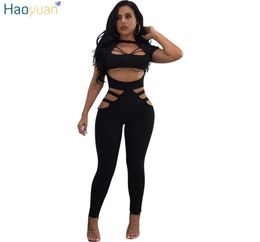 Haoyuan Rompers Womens Jumpsuit BodyCon Hollow Out Savel 2017 Fall Black Red BodySity Leotard Sexy Clubwear Bandage Jumpsuit Q14212679