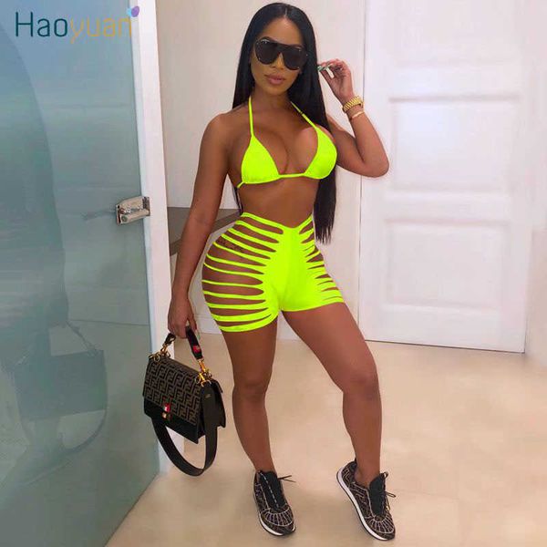 HAOYUAN Sexy Bikini Deux Pièces Ensemble Femmes Survêtements À Lacets Crop Top et Biker Shorts Beach Wear Tenues Maillots De Bain Ensembles Assortis Y0702