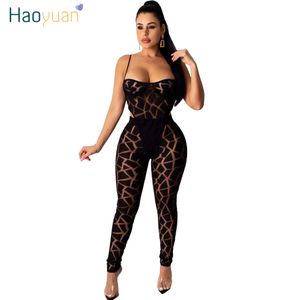 Haoyuan Sexy Mesh Sheer Tweedelige Set Zomer Clother voor Dames Festival Bodysuit Pant Suits 2 stuk Club Outfits Matching Sets X0428