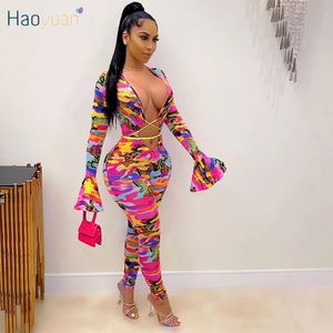 Haoyuan Sexy Tie Dye Bodycon Jumpsuit Flare Sleeve Bandage Herfst Dameskleding Hollow Romper One Piece Club Outfits Streetwear 201007