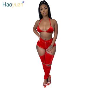 HAOYUAN Sexy Velours Deux Pièces Ensemble Femmes Rave Festival Crop Soutien-Gorge Pantalon Costume Velours 2 Pièce Ensembles Assortis Anniversaire Club Tenues T200623