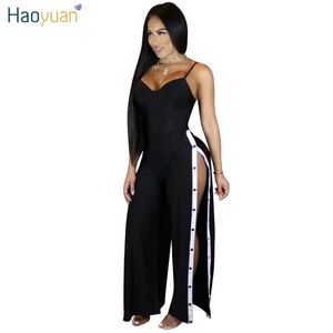 Haoyuan spaghetti riem losse jumpsuits 2017 Nieuwe zomer turp vol bodysuit overalls side split sexy rompers dames jumpsuit Q1110