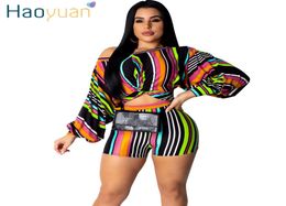 Haoyuan Striped Plus Size 2 Two -Piece Set Puff Sleeve Crop Top en Biker Shorts Sexy Club Summer Outfits for Women Matching Sets Y2537697