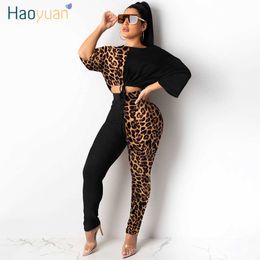 Haoyuan Two -Piece Set Tracksuit Women Festival Kleding Leopard Crop Top en Pant Sweat Suits 2 -Piece Matching Sets Fall Outfits Y0719