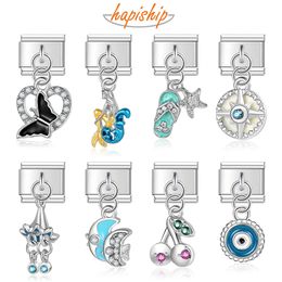 Hapiship nuevo Original Daisy moda pez mariposa ojo CZ Charm Links Fit 9mm pulsera Acero inoxidable fabricación de joyas DJTop76