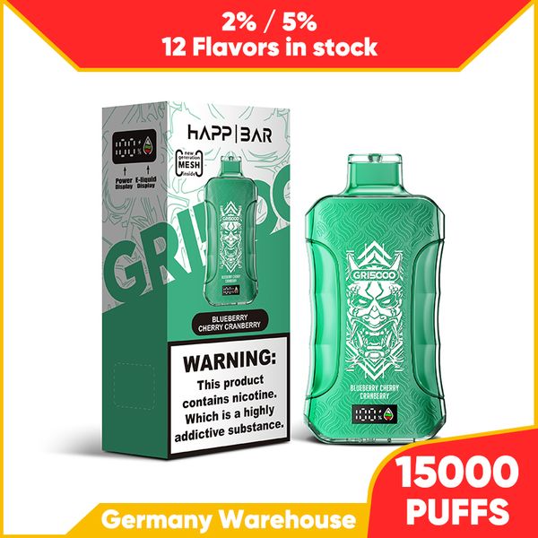 Happ Vape Bar Puff 15000 cigarettes électroniques jetables Vape Puff 12k 2% 5% 20 ml prérempli Pod Mesh Coil Vaper avec Eliquid et affichage de la batterie