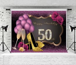 Joyeux 50e anniversaire toile de fond violet ballons doré haut talon décor paillettes photographie fond Champagne Rose femmes 50e fête décors