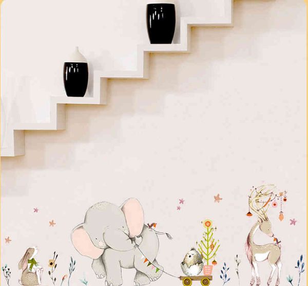 Joyeux bébé éléphant lapin faon stickers muraux enfants bébé chambre décor art pépinière murale dessin animé animaux autocollants maison papier peint 210420