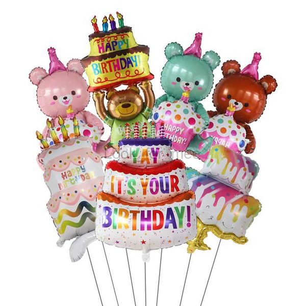 Joyeux anniversaire gâteau ballons grand 3 couches couleur bougie gâteau ballons ours gâteau ballon pour enfant fête d'anniversaire bébé douche décors HKD230808