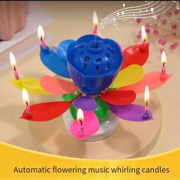 Bougie de joyeux anniversaire, musique, fleur de Lotus, bougie de Lotus romantique et créative