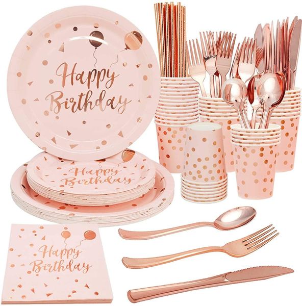 Joyeux anniversaire décorations Rose or point vaisselle jetable assiettes en papier tasse bébé douche fille enfants adulte fête d'anniversaire décor 210408