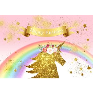 Joyeux anniversaire or licorne photographie toile de fond rose imprimé fleurs étoiles arc-en-ciel bébé fille enfants aquarelle fête Photo Booth fond