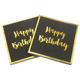 Serviettes de table joyeux anniversaire dorées, fournitures de décoration de fête d'anniversaire, transfrontalières noires, paquet de 20 pièces, 1221368