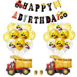 Decoración para fiesta de feliz cumpleaños, globos, pancarta, suministros para fiestas, vehículo de construcción, camión de bomberos, accesorios de globos de aluminio impresos