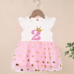 Joyeux anniversaire Print numéro 16e filles robes de manches volantes fête des enfants mignons pour la robe princesse Tops Baby Clothing 240413