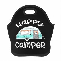 Happy Camper Sac à lunch en néoprène / Boîte à lunch / Fourre-tout à lunch / Sacs de pique-nique Isotherme Organisateur de voyage Bureau de travail scolaire v0Qu #