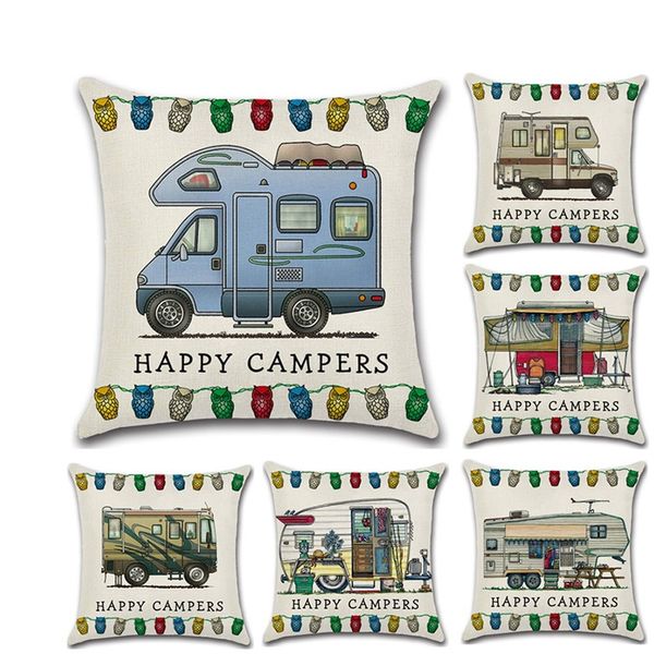 Funda de almohada Happy Campers, funda decorativa de dibujos animados para casa, funda de cojín para coche de viaje para sofá, hogar, habitación de niños, funda de almohada de felpa súper suave