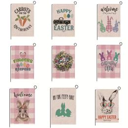 Drapeau de jardin de lapin de Pâques heureux double taille 12,5 x 18 pouces Printemps Lapin Maison Drapeau Cour Décoration extérieure Toile de jute FY3425