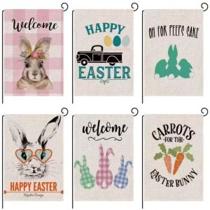 Happy Easter Bunny Garden vlag Dubbel grootte 12,5 x 18 inch Spring Rabbit House Flag Yard Outdoor Decoratie jute nieuw