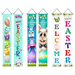 Happy Easter Door Banner Bunny Eggs Rabbit Printing Theme Spring Event Couplets Teken Outdoor Porch Decoratie