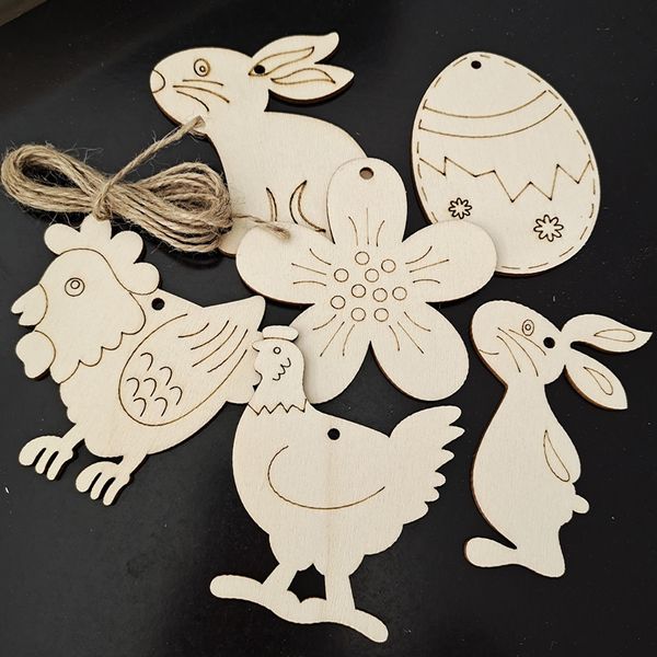 Feliz Pascua huevos de madera con cuerda de cáñamo conejito pollito artesanía de madera para el hogar fiesta de Pascua decoración colgante chico pintura DIY