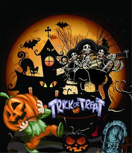 Joyeux Halloween Toile de Fond Lune Chauve-Souris Chat Squelette Chanteurs Enfant avec Chapeau de Citrouille Lanterne Trick or Treat Enfants Fête Photographie Décors