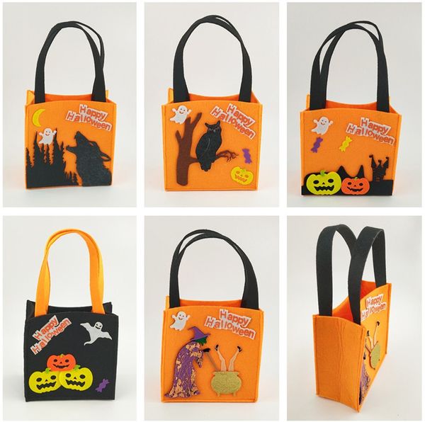 Happy Halloween Candy Bag Kids Trick or Treat Candy Fieltro Tote Calabaza Búho Bruja Bolsa de almacenamiento de dulces Enviar al azar