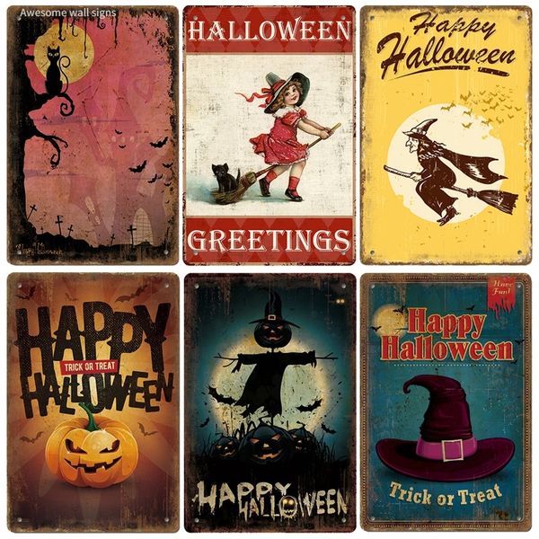 Happy Halloween Poster Vintage Tin Signs Zombie Party Trick or Treat Citrouille Métal Plaque Rétro Décoration Murale pour Café Bar Pub 30X20cm W03