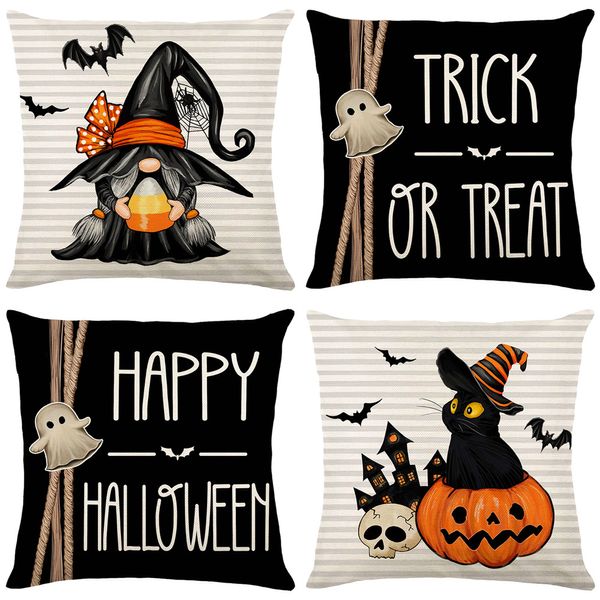 Happy Halloween Throw Couvertures d'oreiller 18x18 Bat Black Cat Home Decoration Gnome Pumpkin Linet Pillow Cushion Coussin pour Sofa Bedroom