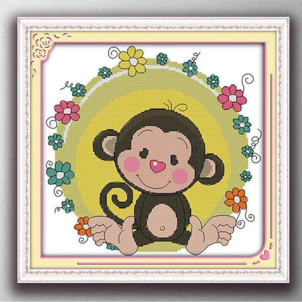 Pinturas decorativas de viñetas de animales de mono feliz, tela estampada con cuentas DMC 11CT 14CT, kits de bordado de punto de cruz, juegos de costura