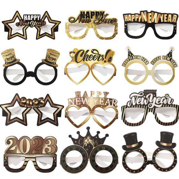 Feliz Año Nuevo 2023, decoración de fiesta, anteojos, marco de gafas de papel, accesorios para fotomatón para celebración de fiestas de Nochevieja