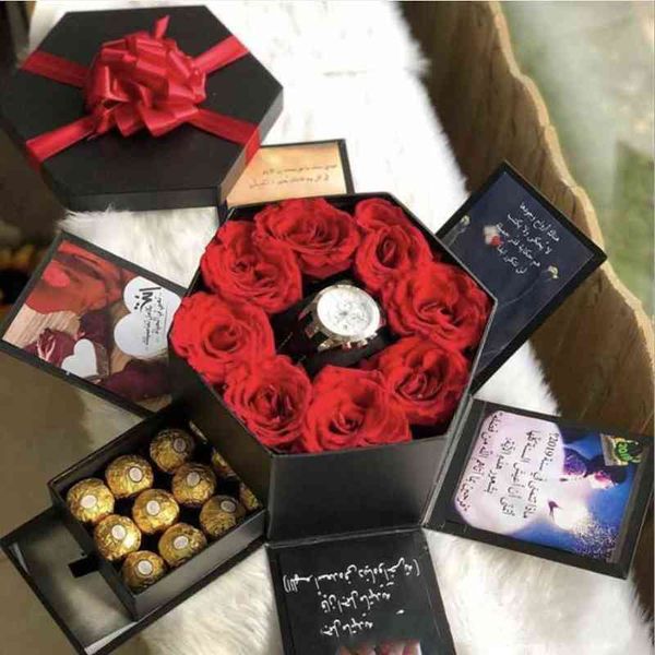 Happy Surprise Album Flower Gift Box Square Drawer hexagone Double-Couche rose boîtes à gâteaux pour l'emballage Mariage Saint Valentin H1231