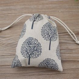 Bijoux en lin imprimé avec arbre Pouche cadeau 9x12cm 10x15cm 13x17cm Pack de 50 Candy Favor Favor Sack Jute TrawString Bag266r