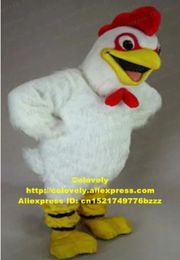 Costume de mascotte de coq blanc heureux, poulet Chook, taille adulte avec graisse rouge, Cocoscomb, rond brillant, grands yeux, sourire, No.7003
