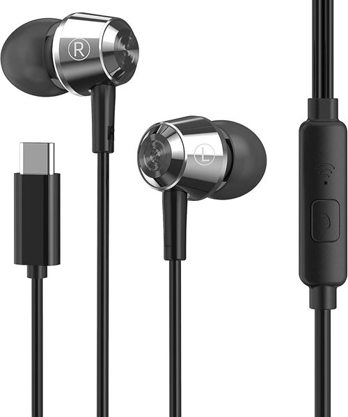 HAPPYAUDIO W1 USB C Casque filaire, écouteurs stéréo Hi-Fi en métal antibruit avec microphone pour appels sportifs, compatible iOS, Galaxy, Android