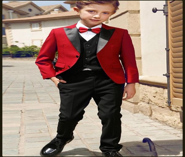 Happychild Rouge Garçons Occasion FormelleTuxedos Noir Peak Revers Deux Boutons Enfants Mariage Tuxedos Enfant Costume VestePantsTieV1151704