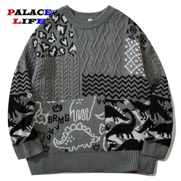 Harajuku 2022 otoño moda Casual suéteres sueltos hombres Hip Hop tejido Jumper suéteres dinosaurio Color bloque Streetwear T220730
