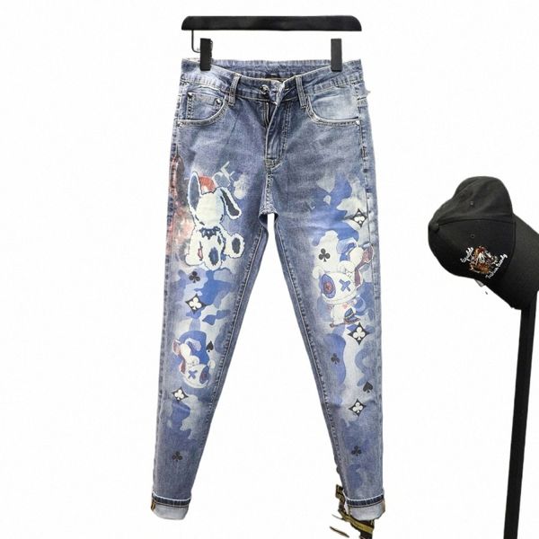 Harajuku 2023 Último estilo hip-hop Jeans de lujo coreanos para hombres con diseño de estampado de oso Slim Blue Wed Stretch Denim Pants Hombre A8Ti #